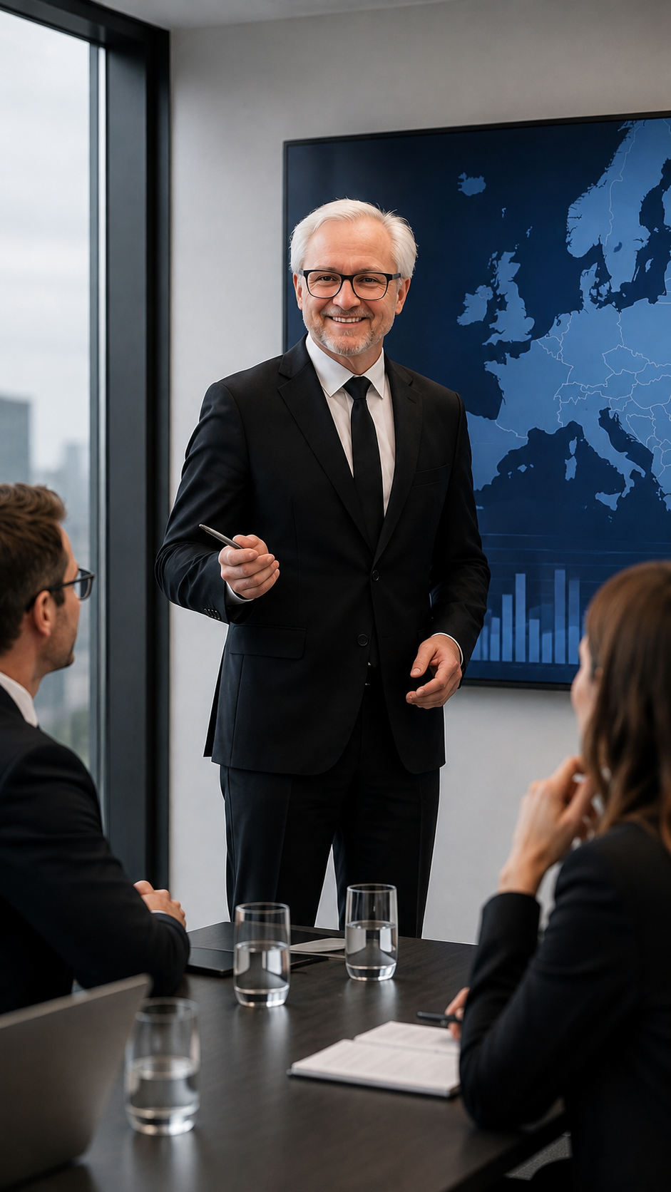 Udo Foerster presenting international strategy to executives in a boardroom
