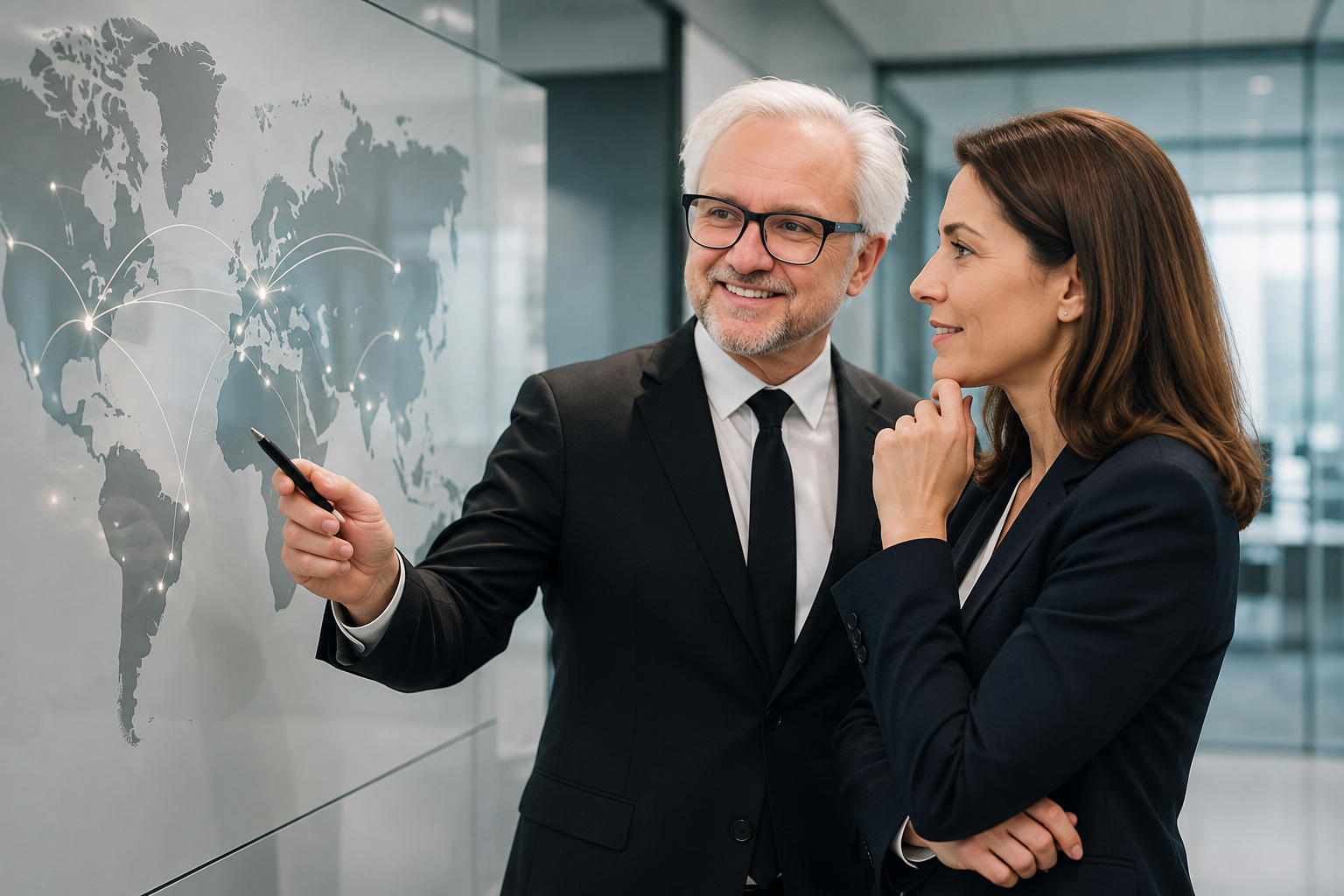 Udo Foerster reviewing international market connections with another executive