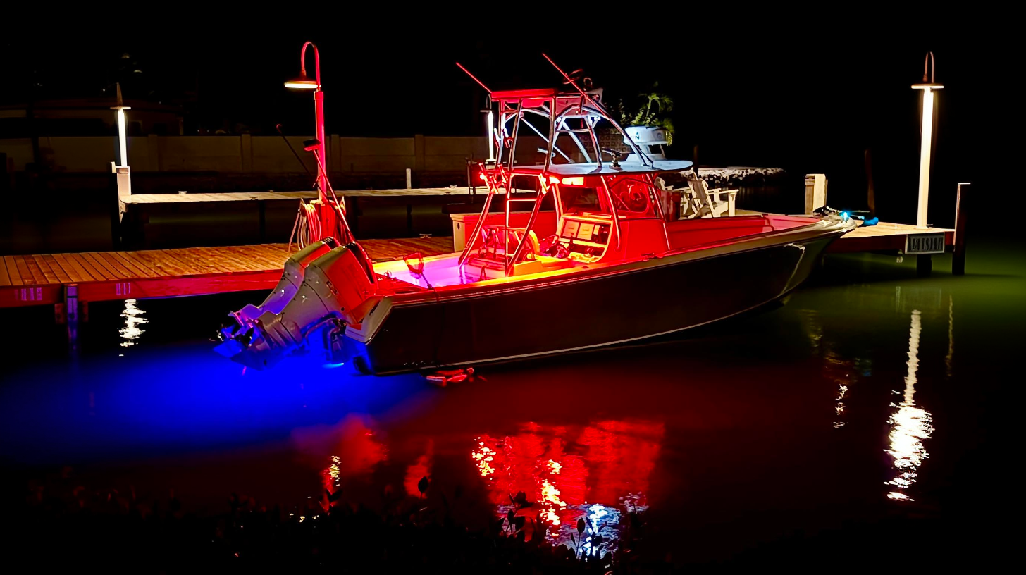 Captain Kevin night fishing boat lit up at Seascape Marina Resort in Marathon Key